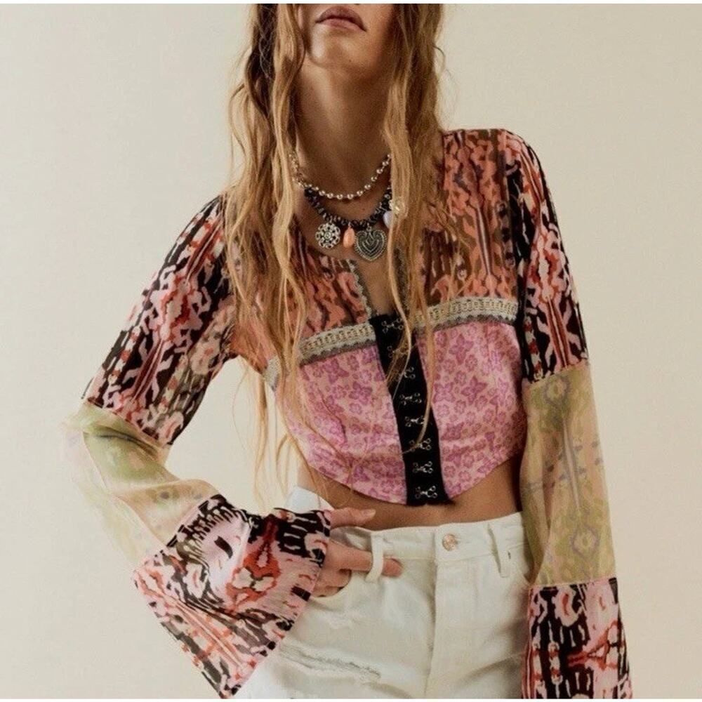 NWT Free People Walk That Way Print Top In Femme Combo sz L